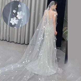 新娘奢華花瓣手工頭紗長款拖地新款結婚森系寫真樣片頭紗婚紗配飾