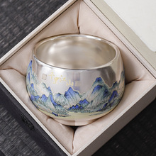 手工鎏銀茶杯創意陶瓷銀杯子國潮千里江山純銀主人杯單杯禮品茶盞