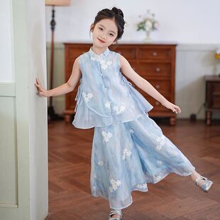 女童新中式套裝國風重工刺綉套裝夏季新款女孩無袖裙褲漢服兩件套