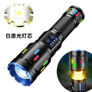 跨境新款伸縮變焦白激光強光手電筒 戶外照明多功能LED露營手電筒
