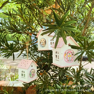 創意木質房子BABAY粉色藍色房子帶燈雕刻印刷送朋友兒童禮物