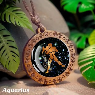 12 生肖星座時光寶石玻璃木質吊墜復古棕色蠟繩項鏈歐美時尚飾品