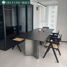 中古黑色德利豐岩板餐桌意式極簡輕奢不銹鋼長方形家用小戶型飯桌