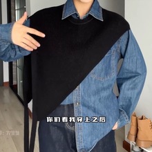 【氣質披肩】時尚百搭斜肩披肩設計款披肩式套頭針織馬甲休閑黑色