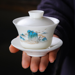 羊脂玉三才蓋碗功夫茶具小號主人杯茶樓敬茶碗泡茶器陶瓷試茶品茶