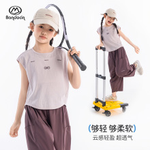 半度閑女童夏季運動套裝2025新款洋氣兒童時髦休閑短袖長褲兩件套