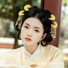 原創古風漢服發飾黃色桂花朵組合流蘇步搖流光發簪對簪耳環