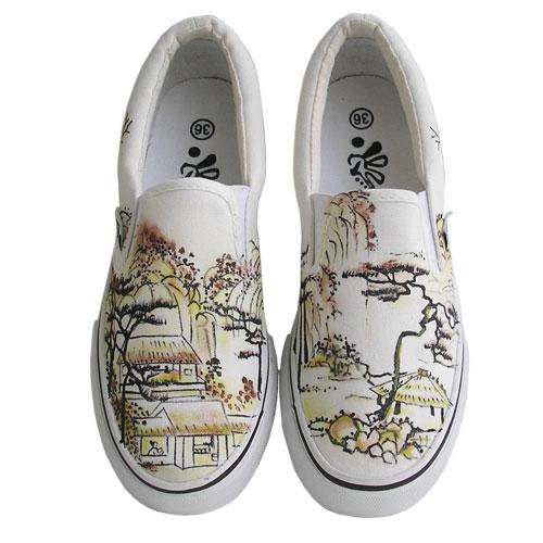 风手绘鞋 山里人家 国画精品手绘鞋 休闲鞋 45.00,43.00,41.