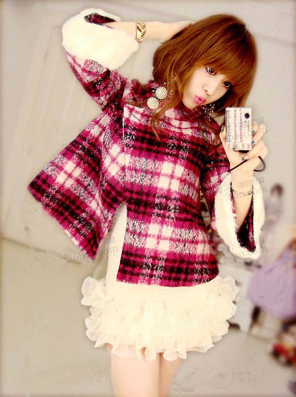 秋装新 款日韩时尚立领蝴蝶结九分袖加厚格子短外套e0146 78.00,77.