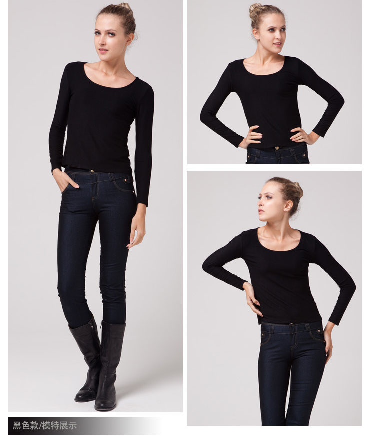 热批zara圆领莫代尔内里加绒加厚打底衫/打底t恤9色-黑色