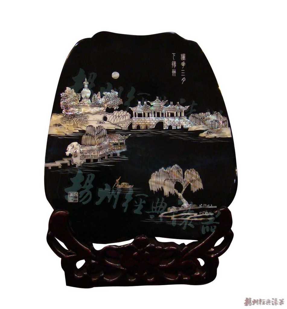 扬州漆器 外事礼品 家居摆件 工艺品 平磨螺钿云形台屏《孔雀》