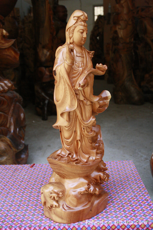 【佛缘木雕】木雕刻工艺品 木雕根雕刻红豆杉观音 观世音菩萨摆件