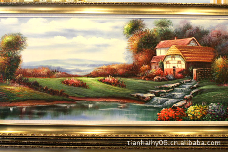 风景油画 湖畔小屋风景装饰画 横幅油画 大幅油画
