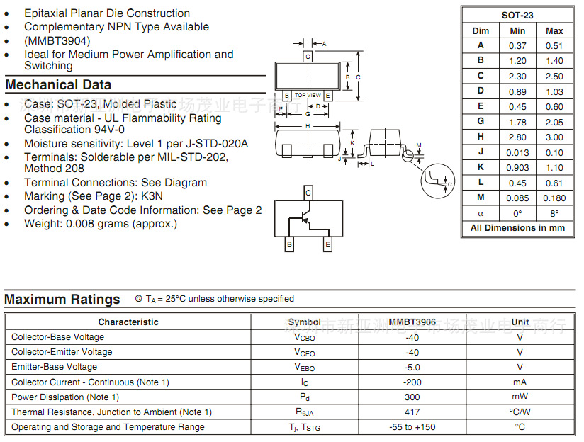 广东深圳mmbt3906-7-f/开关 放大/通用三极管/sot