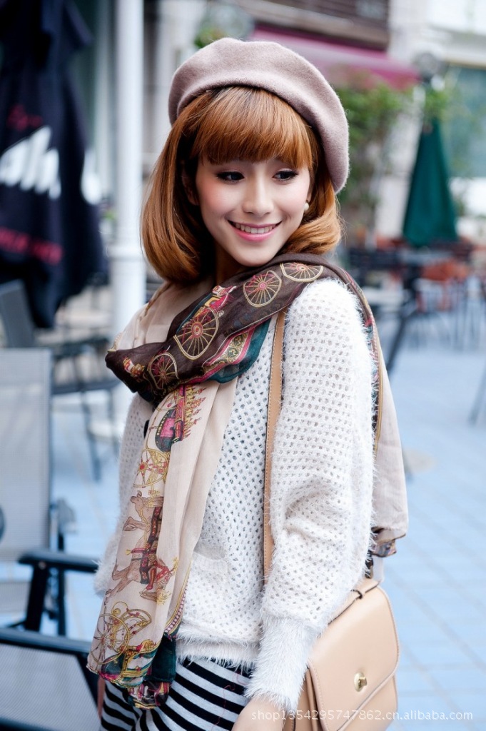 爱马仕范冰冰明星同款丝巾 巴黎风情纱马车印花围巾批发 爆款围巾