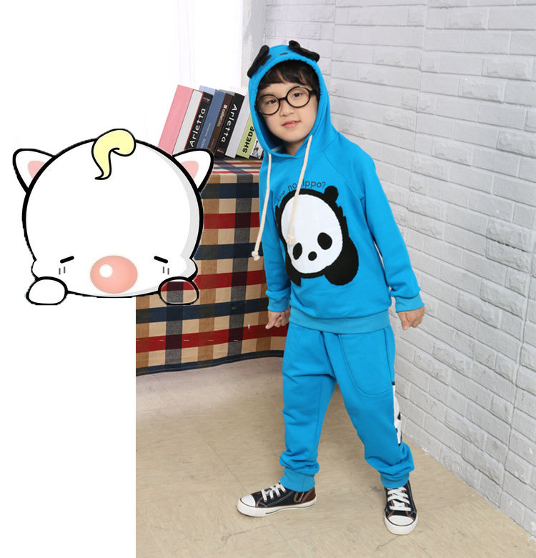 萌聪童装a329# 男童套装 2012秋季新款 连帽趴趴熊长裤印花两件套