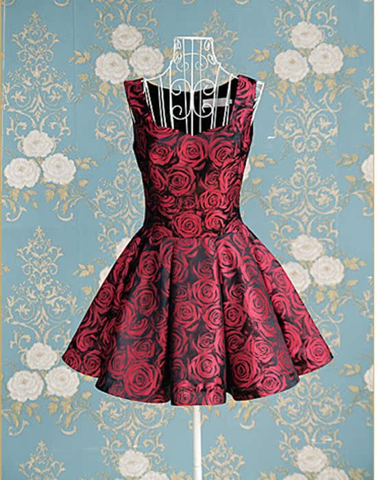 2012新款 欧美明星 玫瑰公主高贵印花 修身大摆背心连衣裙 礼服