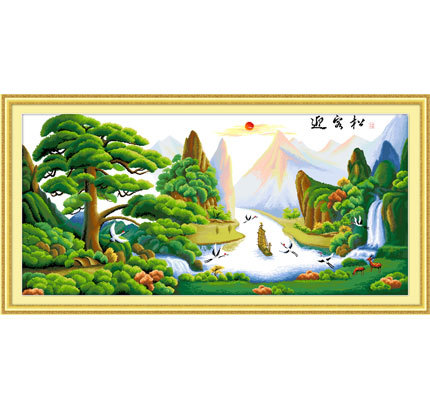 双绣十字绣挂画/精准100印布十字绣 9328 迎客松松鹤同春