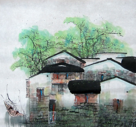 纯手绘三尺斗方山水小品画江南水乡ad136】价格,厂家,图片,国画