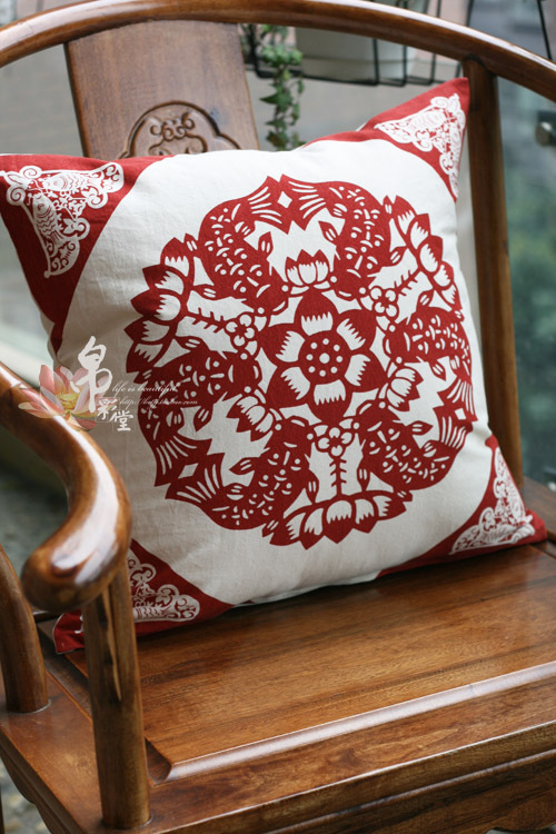 帛彩堂纯棉帆布中式靠垫套/抱枕/家居软装/剪纸/年年有余 45*45cm