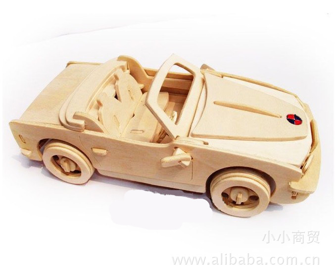 厂家直供四联儿童益智diy木制立体拼图宝马汽车模型 2个起批