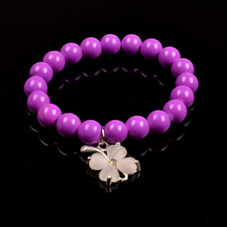 复古琉璃紫色 幸运四叶草白色穿珠手链 批发 sa004