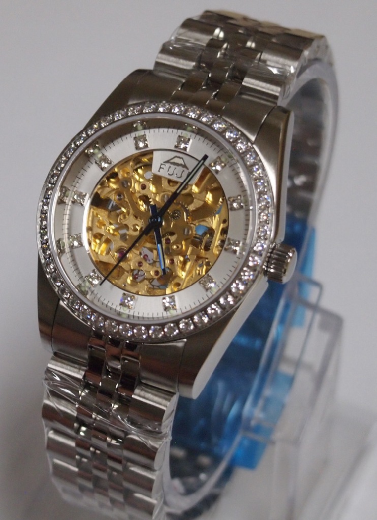 **fuji富士品牌全自动机械蓝宝石镶钻双镂空陀飞轮男手表