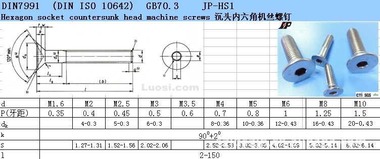 供应沉头内六角机丝/din7991(din iso 10642)