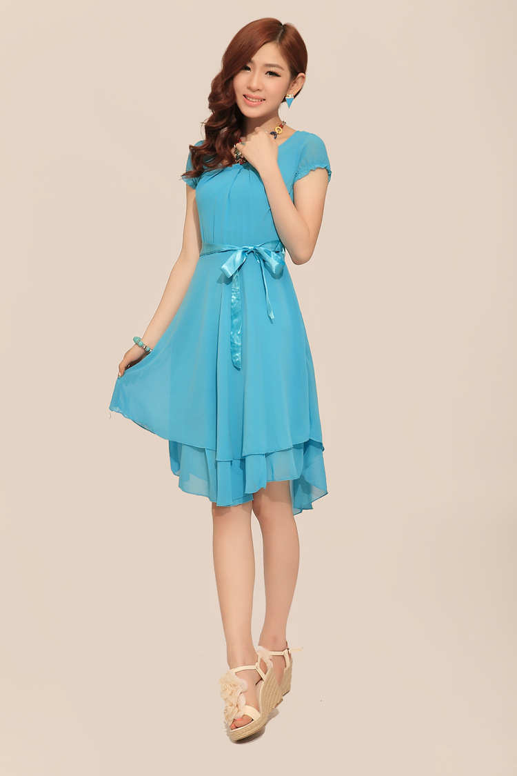 夏装新款韩版女装荷叶边显瘦裙 修身纯色雪纺连衣裙图片_5