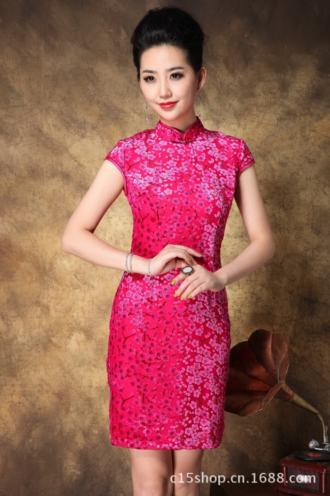 2013春夏新款气质梅花朵朵修身立领改良真丝丝绒旗袍裙