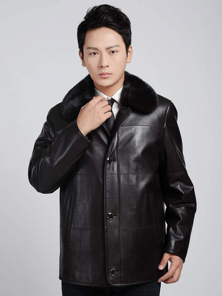2013新款高档水貂毛领绵羊皮衣男 高档黄金貂内胆皮夹克网店代理图片,