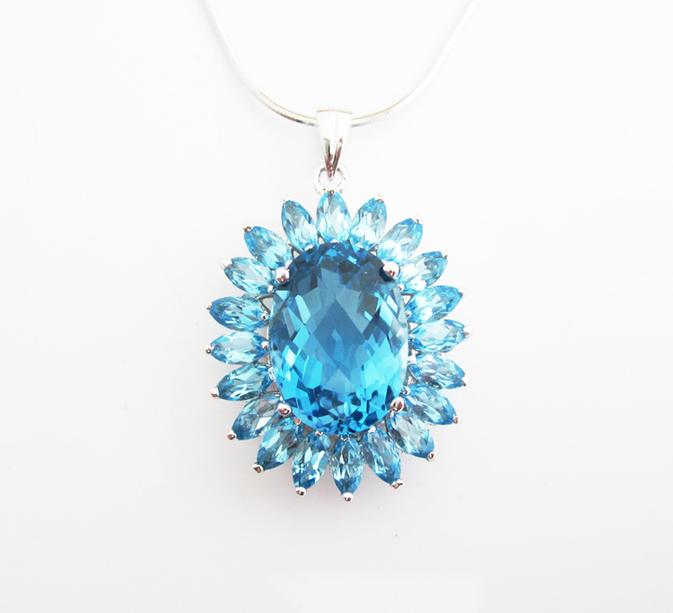 新款 爆款 s925银 天然蓝黄玉项坠 群镶 豪华 天然托帕石