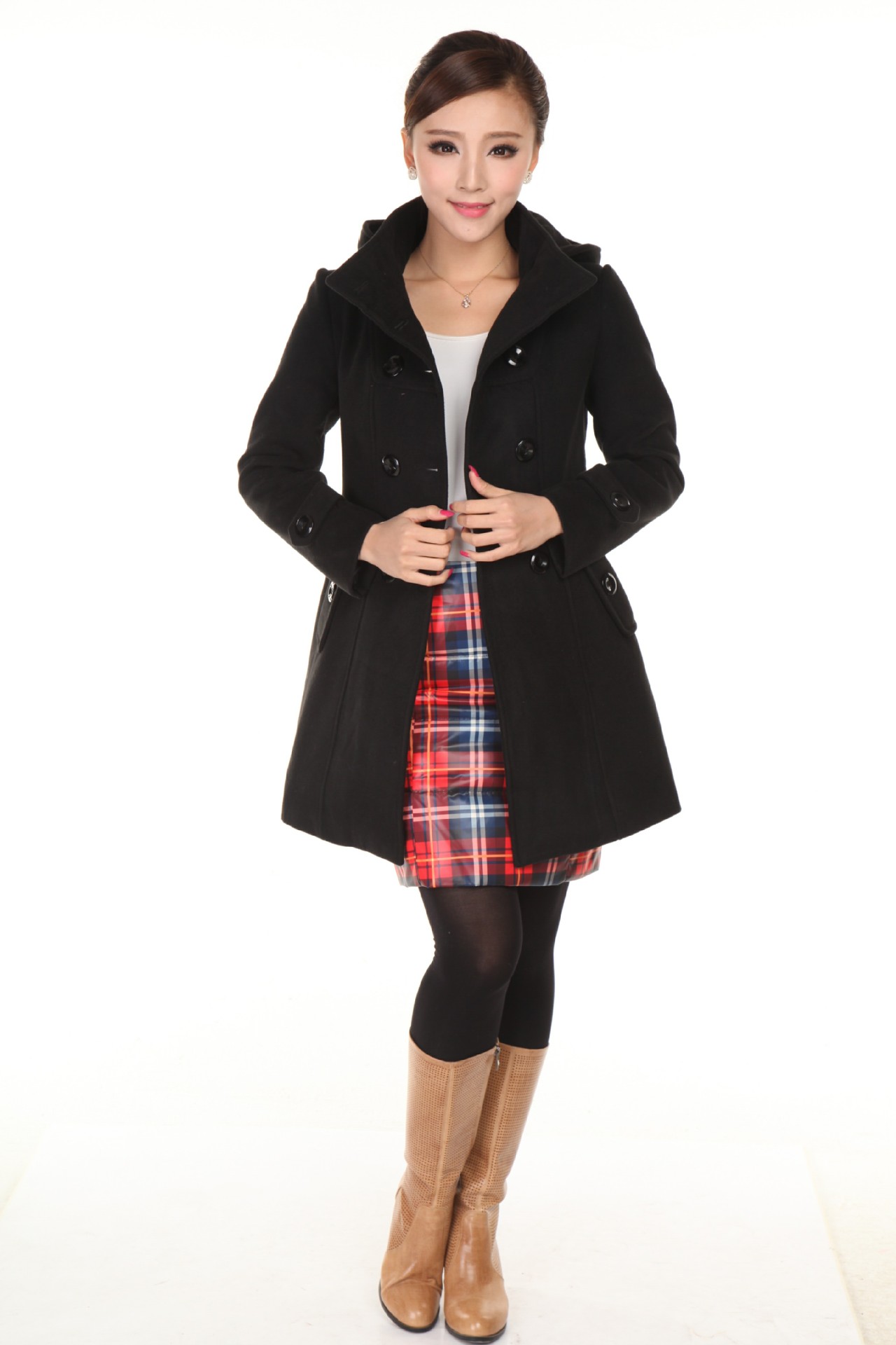 优质供应 时尚连帽立领双排扣毛呢大衣 简约大气 女式外套 新款