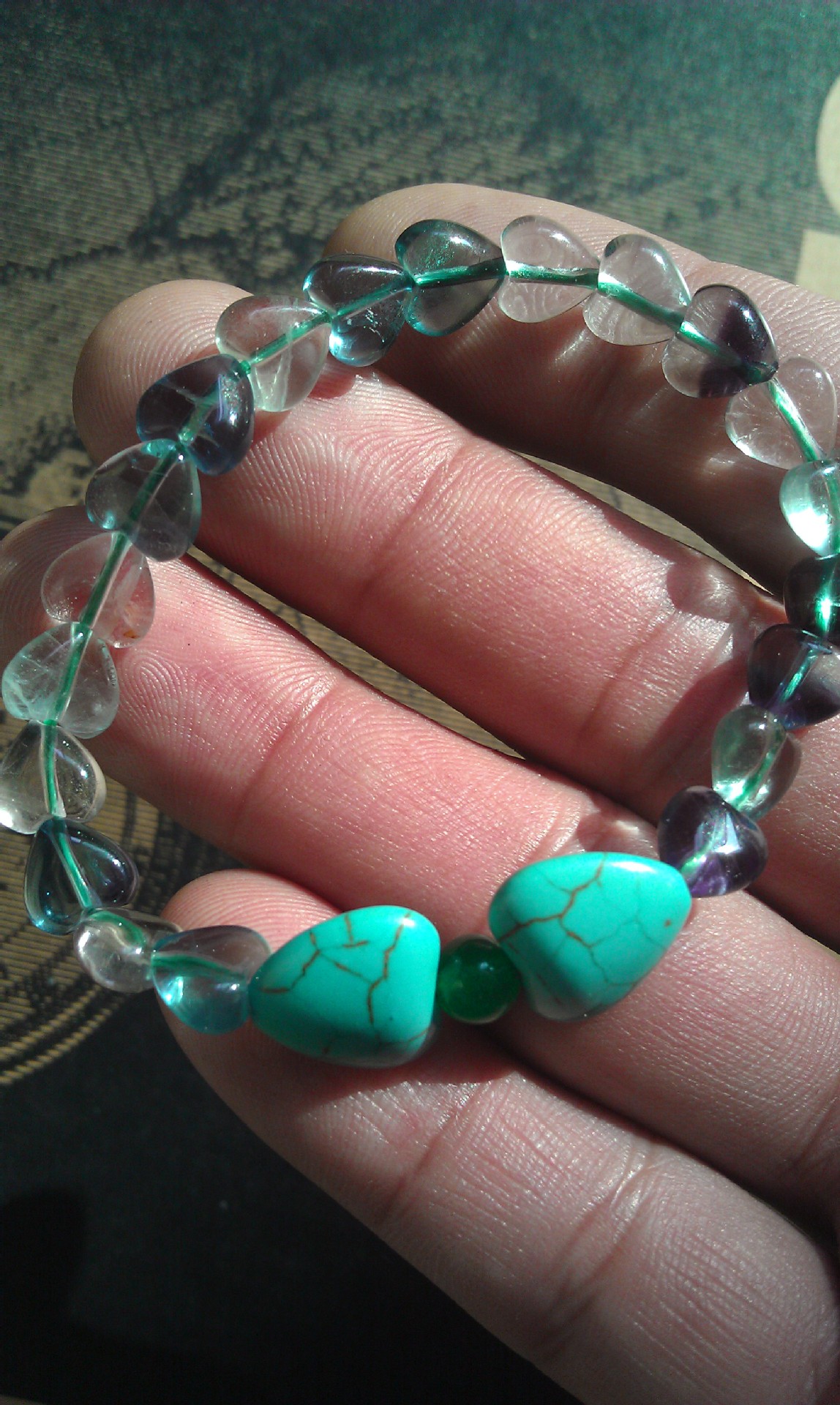 巴西进口 天然萤石心型 心型绿松石水晶手链