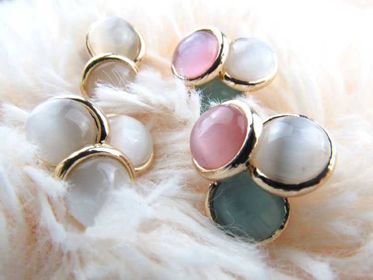 超可爱三色猫眼石拼接圆形几何百搭耳钉耳环耳饰