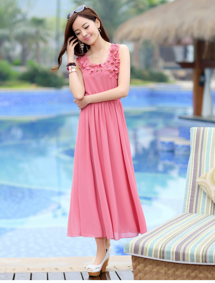 2013新款夏季无袖背心型雪纺连衣裙 修身收腰立体花朵连衣长裙子