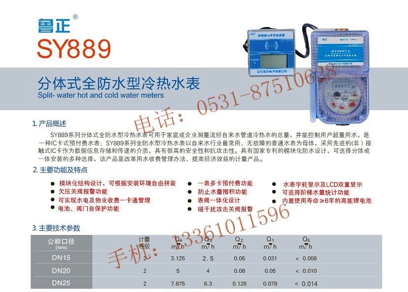 供应 鲁正电子 分体式水表/分体式全防水冷水表热水表/专利设计