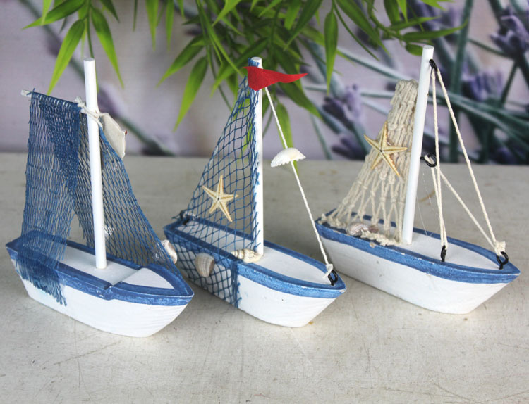 热卖 地中海风格形蓝白帆船模型实木手工一帆风顺摆件装饰