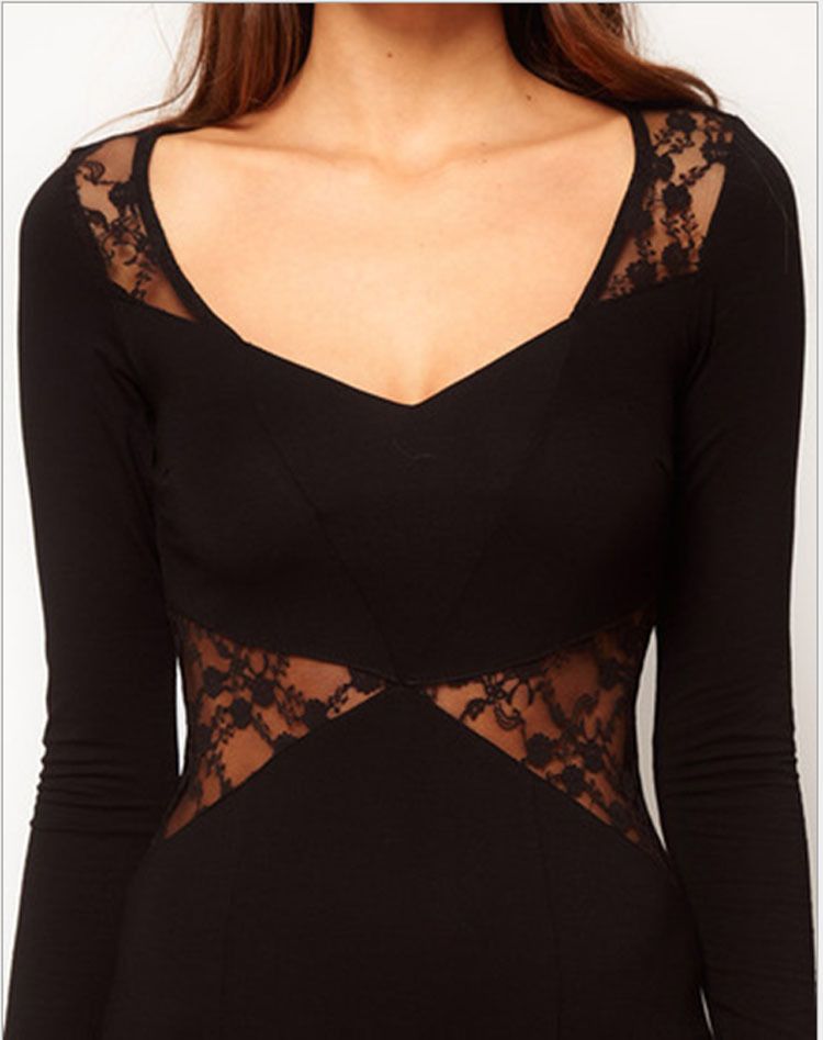 一件代发 2013新款蕾丝拼接高弹长袖针织不规则侧开叉连体裙