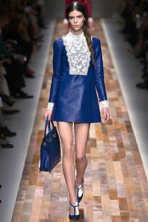 欧洲站 aw13秋冬走秀款pu皮拼蕾丝连衣裙