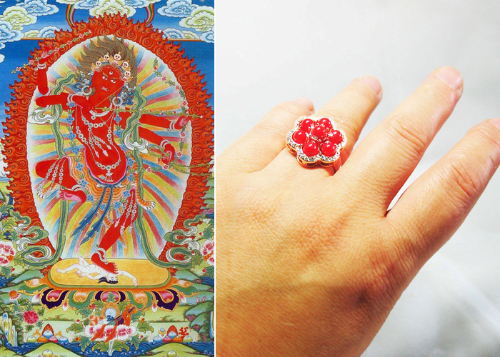 玉器工坊镀玫瑰真金珊瑚镶嵌作明佛母化身咒轮戒指 一件代发