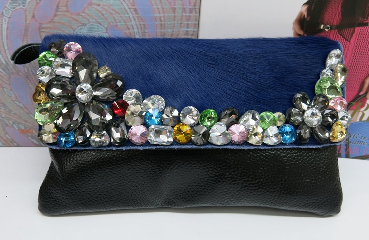 马毛镶头水钻荔纹牛皮晚晏手抓斜挎包 时尚真皮女包 真皮包批发