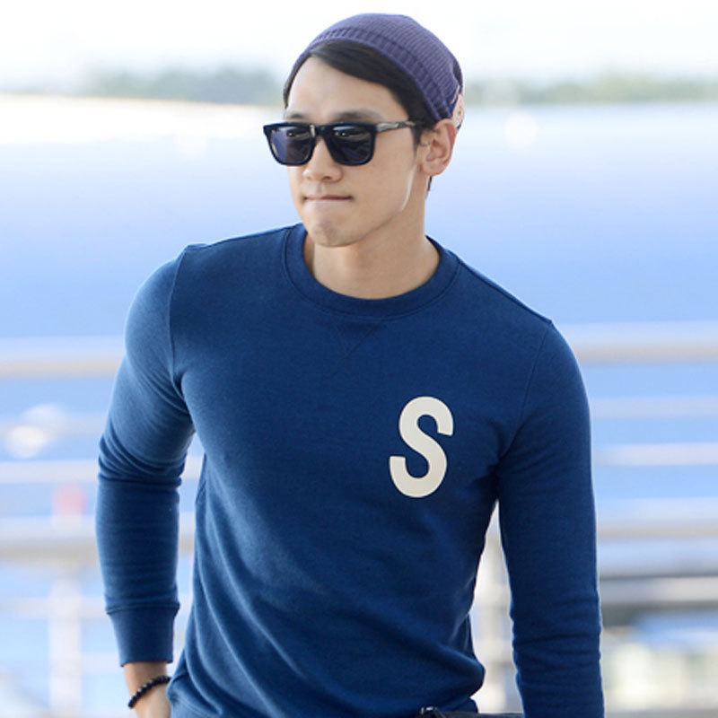 rain权志龙同款s字母印花蓝色套头长袖抓绒卫衣上衣