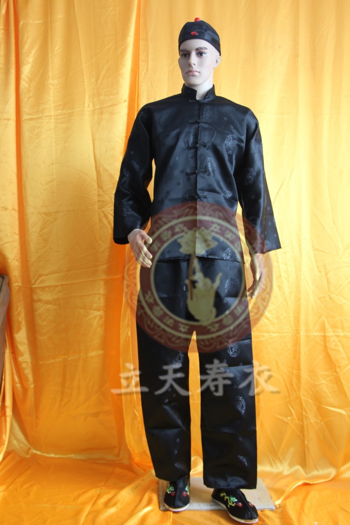 立天殡葬用品 批发直销 殡葬寿衣 黑色 麻纱布带寿衣外套男