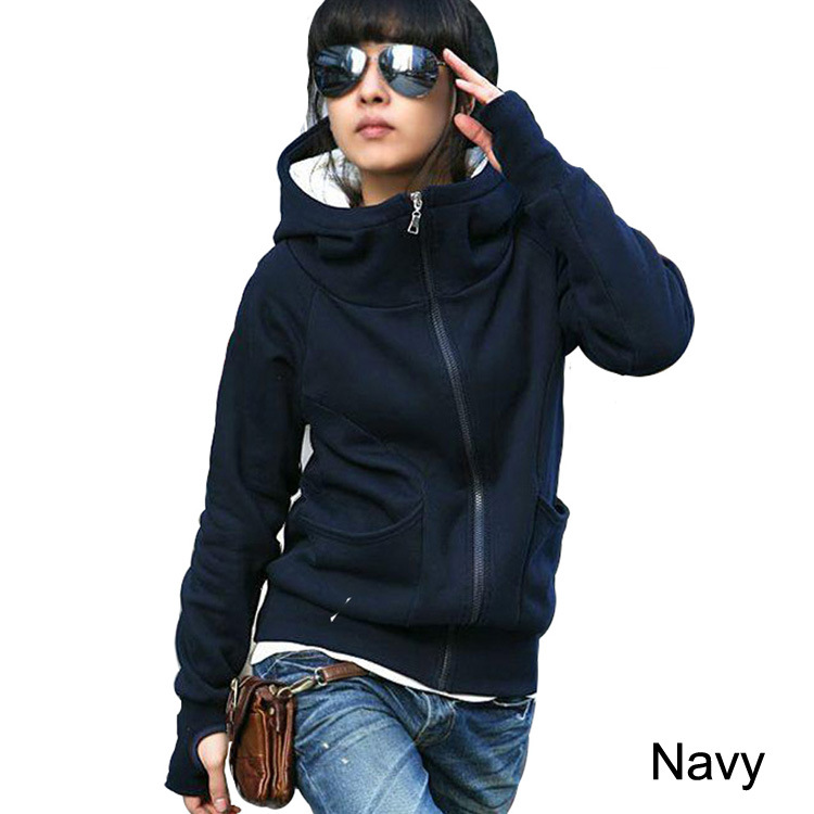 一件代发2013韩版女装高领带帽套手指长袖拉链卫衣