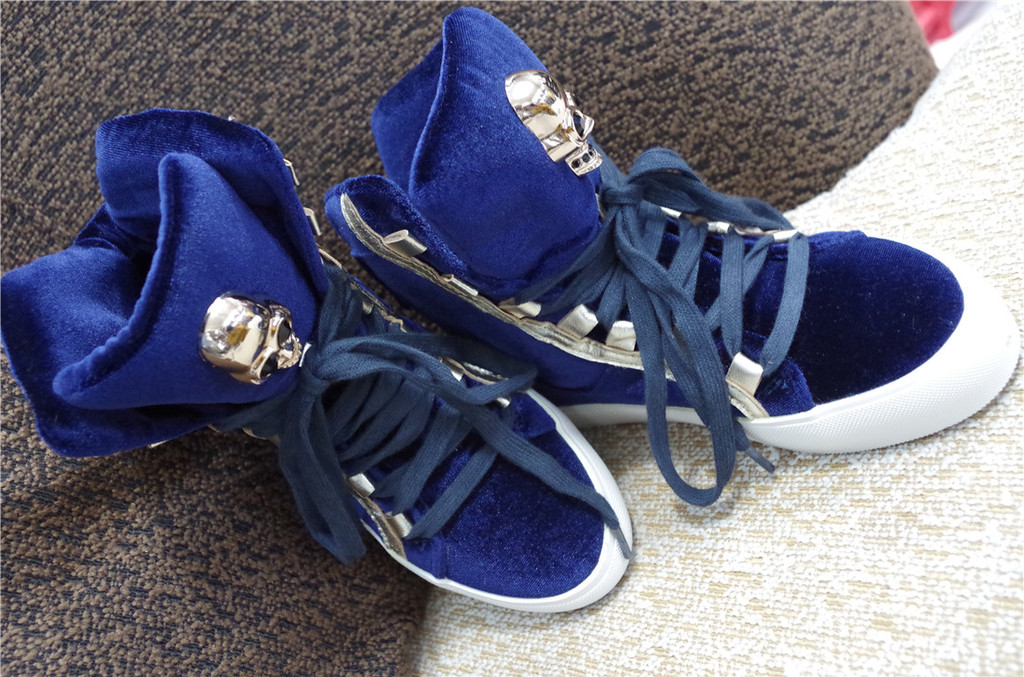 alexander mcqueen麦昆经典鬼头骷髅头金丝绒平底高帮绑带运动鞋