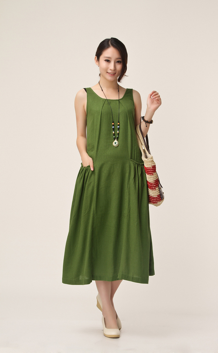 a1112 文艺精品女装宽松大码中长裙 无袖棉麻连衣裙 夏装孕妇裙