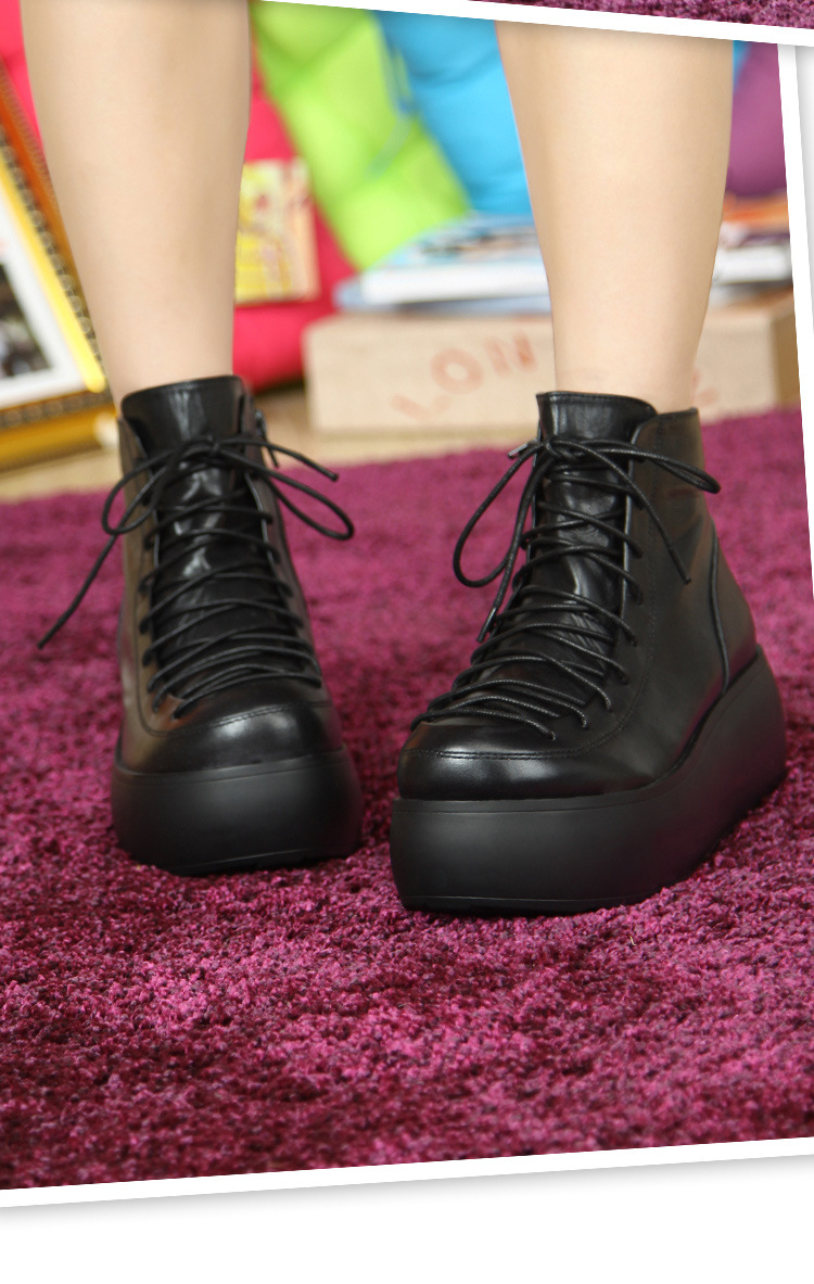 欧黛尔 新款松糕厚底鞋欧美坡跟短靴混搭真皮系带高跟舒适女鞋子