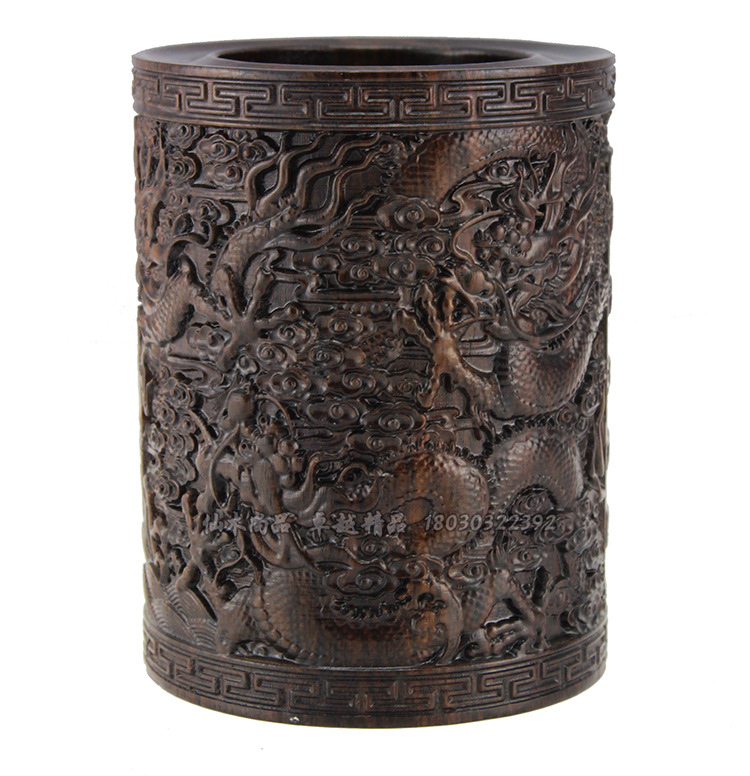 非洲黑檀御天五龙图笔筒摆件文房送礼品工艺品