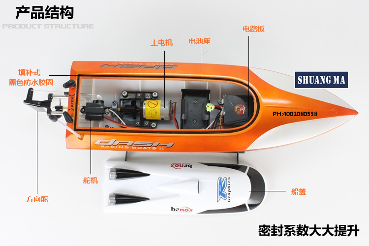 双马四通45cm可后退带舵机遥控船遥控快艇高速大电动玩具船
